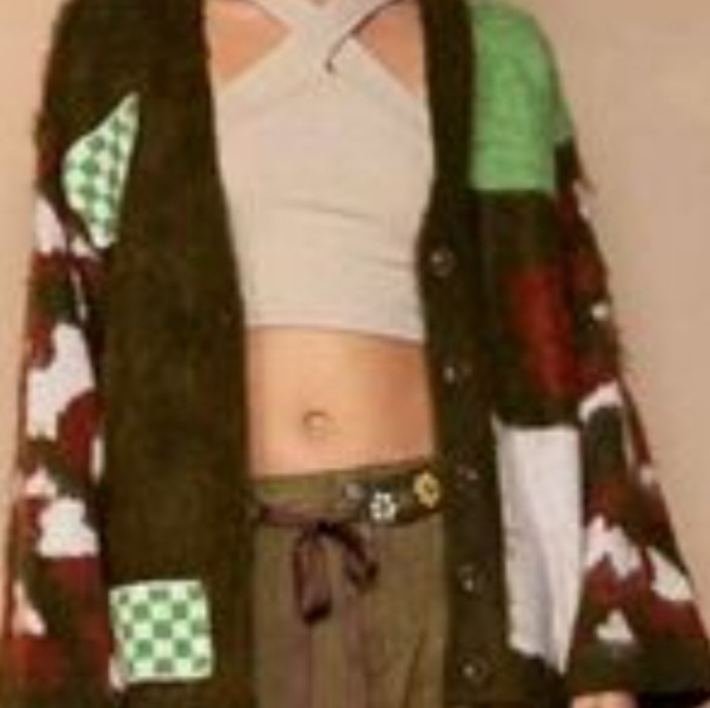 POL Grandpa Cardigan; Mixed Prints; Fuzzy/Mohair Feel; NWOT; S; GORGEOUS💚🤎🤍🧡